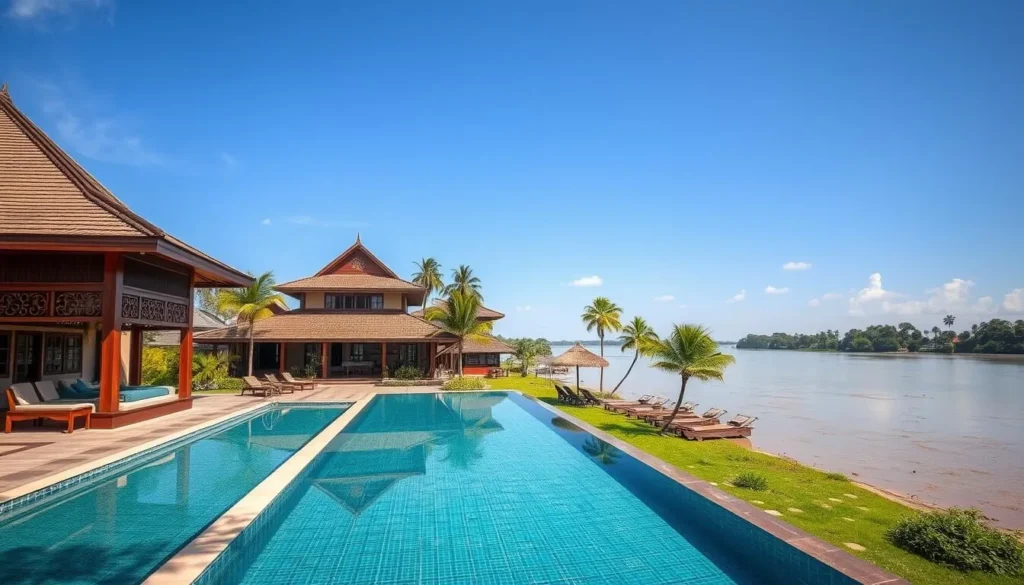 Riverside resort in Champasak with traditional architecture and views of the Mekong River