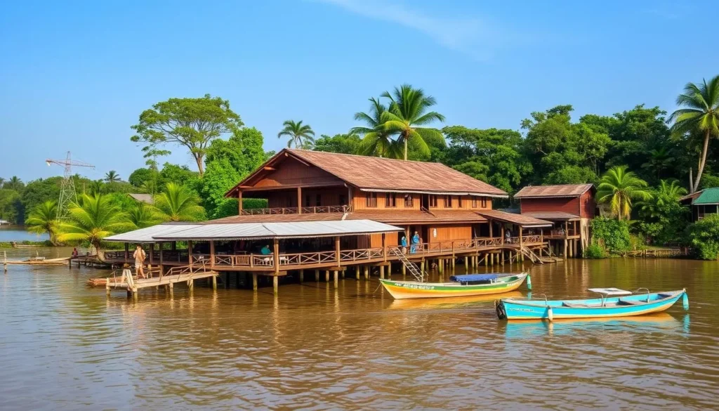 Riverside restaurant on Combu Island with traditional wooden structure and boats docked nearby