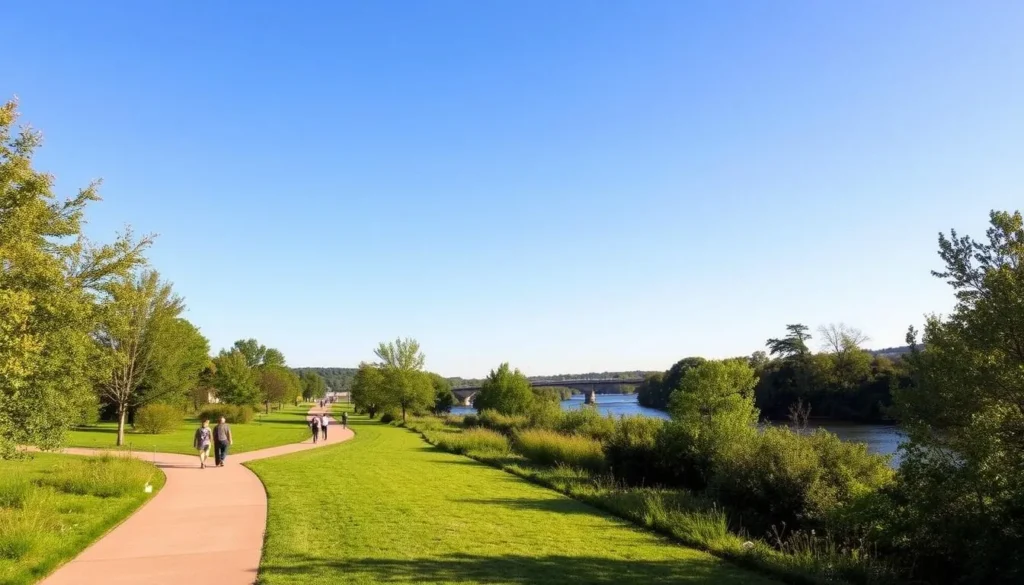 Riverwalk Park trails in Columbia Tennessee with people walking along Duck River
