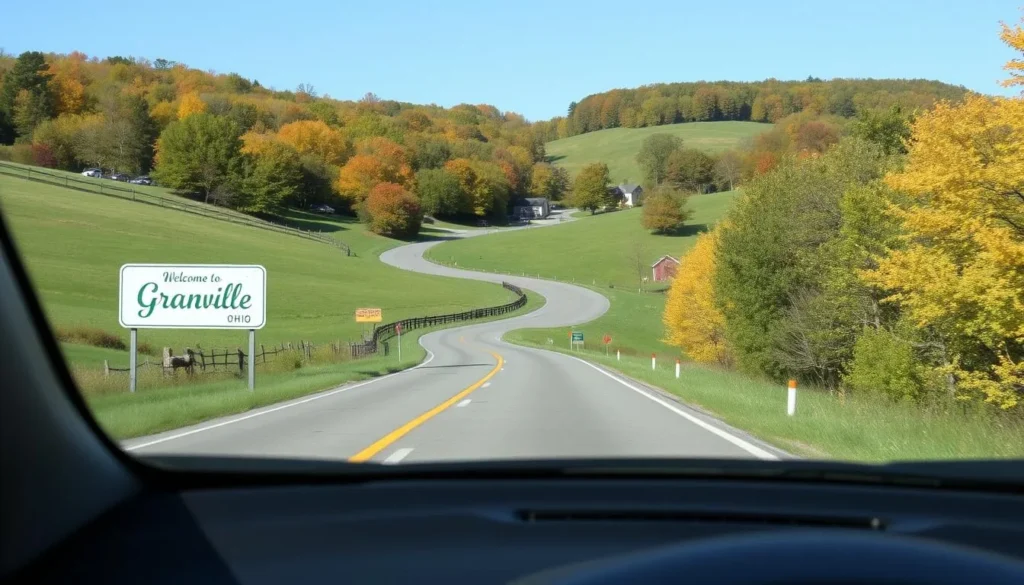 Road approaching Granville Ohio with welcome sign and rolling hills