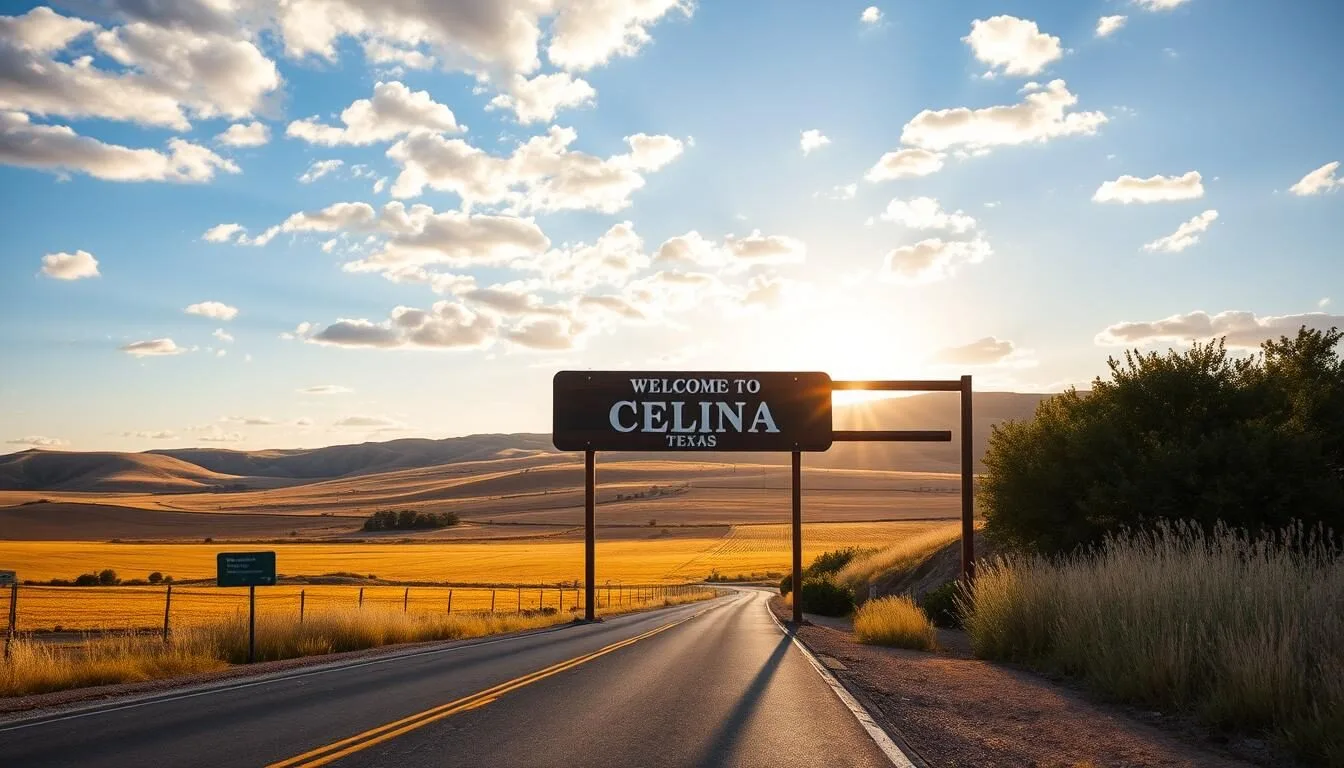 Road leading into Celina, Texas with welcome sign and Texas landscape
