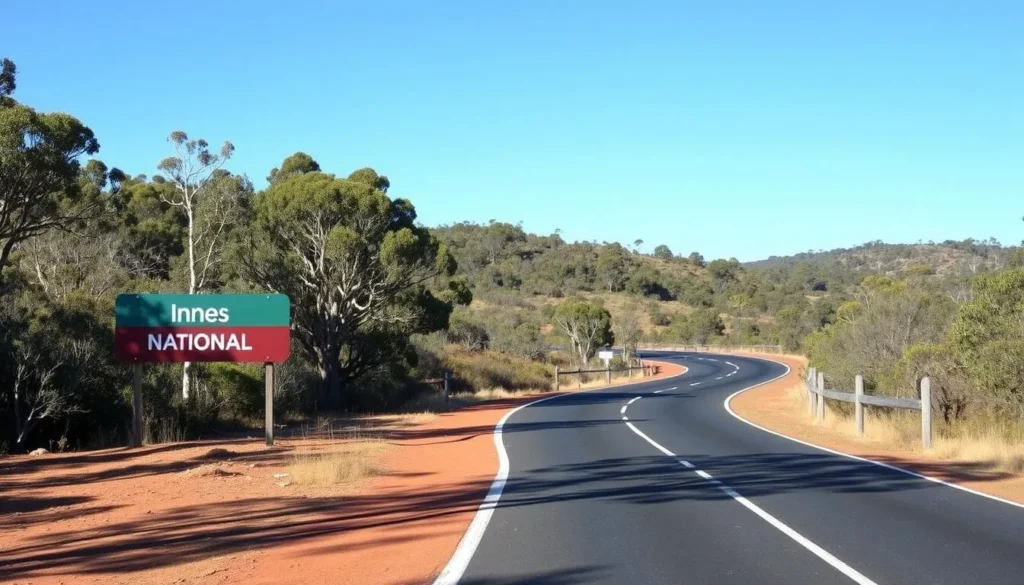 Road leading into Innes National Park with signage and natural landscape