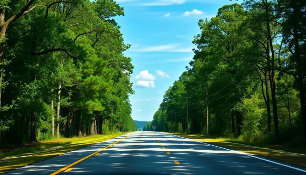Road leading into Newberry, South Carolina with welcome sign