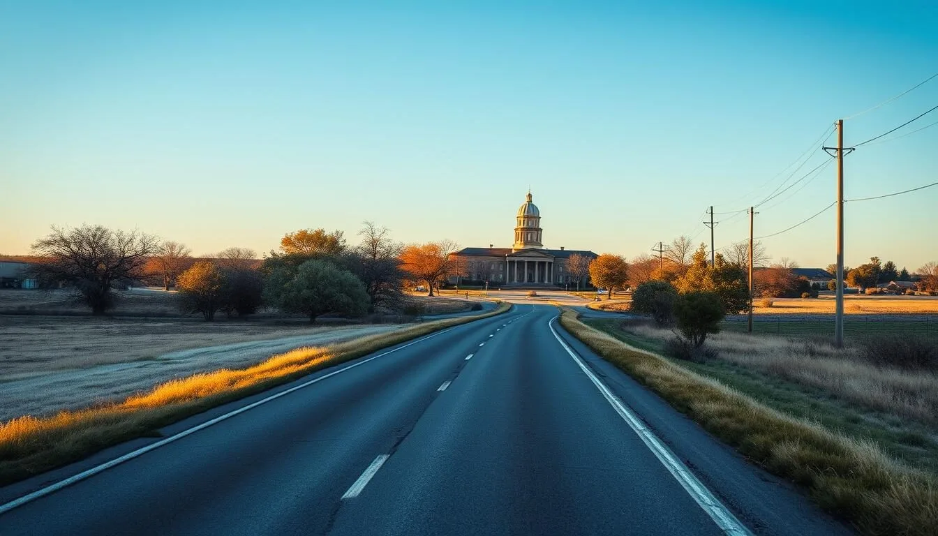 Road-leading-into-Weatherford-Texas-with-the-Parker-County-Courthouse-visible-in-the-distance Road leading into Weatherford, Texas with the Parker County Courthouse visible in the distance
