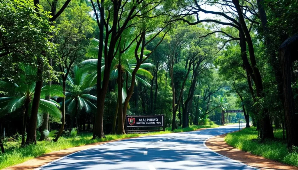Road leading to Alas Purwo National Park entrance with tropical vegetation