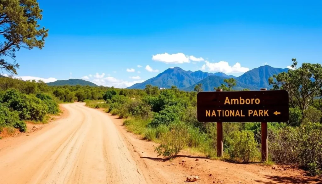Road leading to Amboro National Park with directional signs and lush forest surroundings
