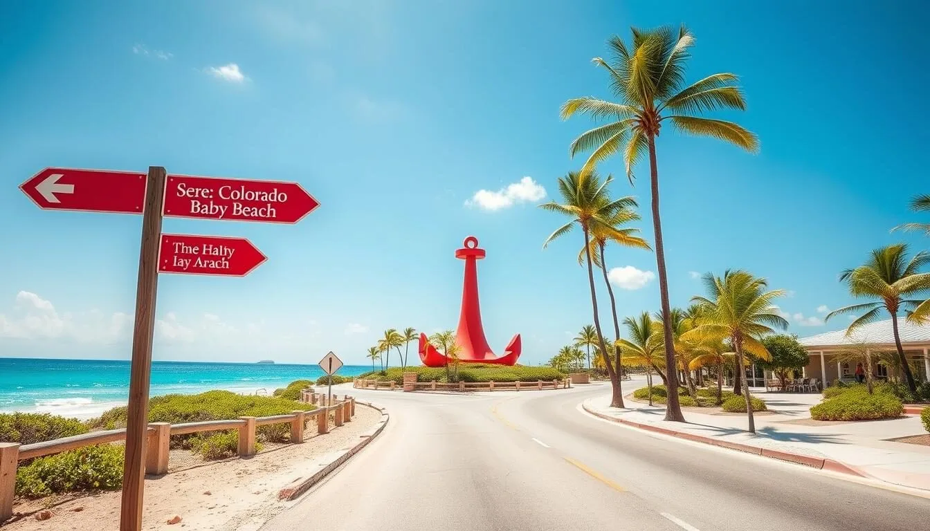 Road leading to Baby Beach Aruba with directional signs and the iconic red anchor landmark
