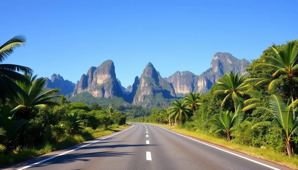 Road leading to Bantimurung-Bulusaraung National Park entrance with karst mountains in background