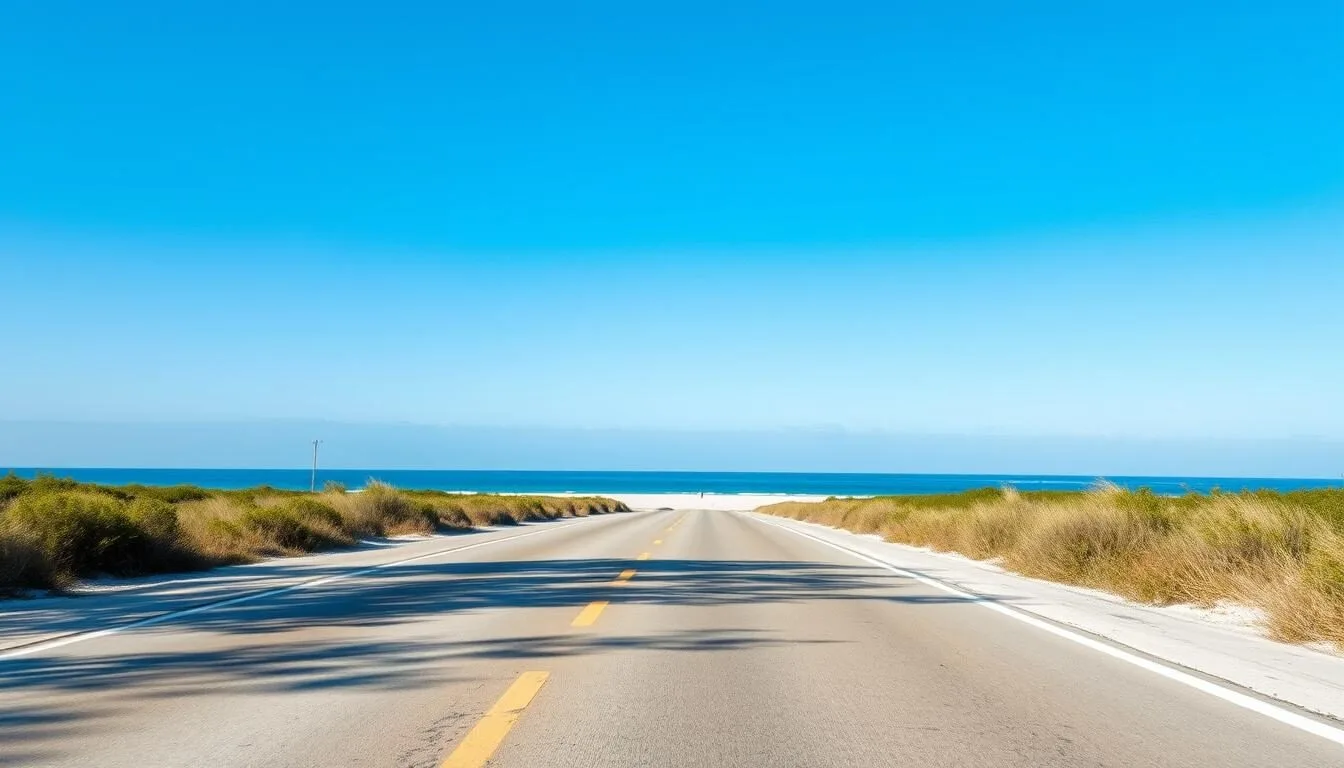 Road leading to Boca Chica Beach, Texas with the Gulf of Mexico visible in the distance