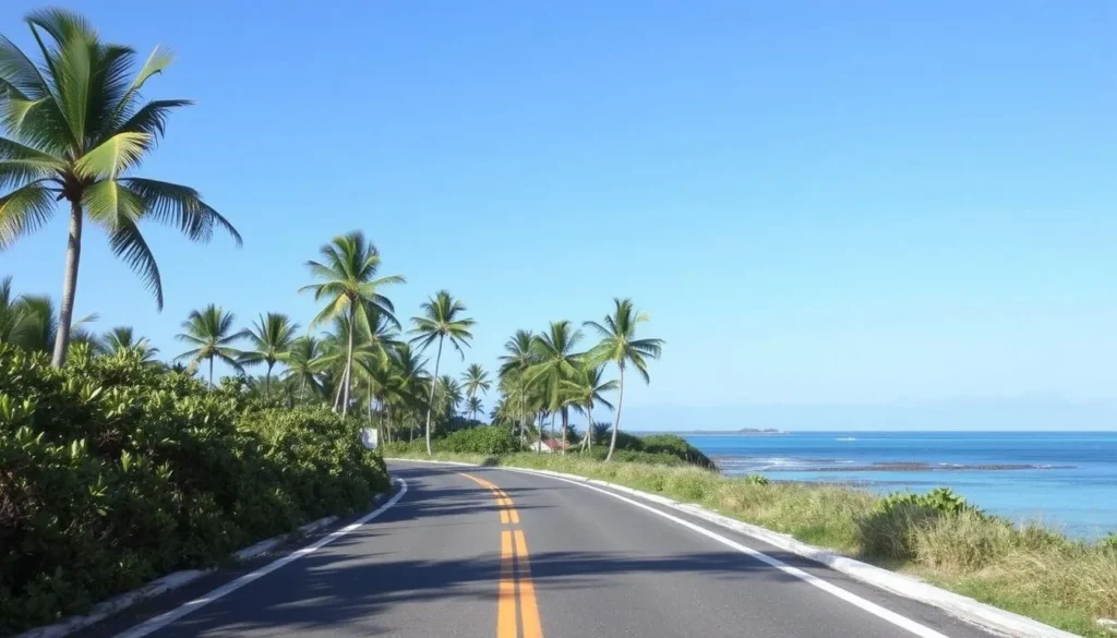 Road leading to Bodden Town with tropical vegetation and Caribbean Sea views