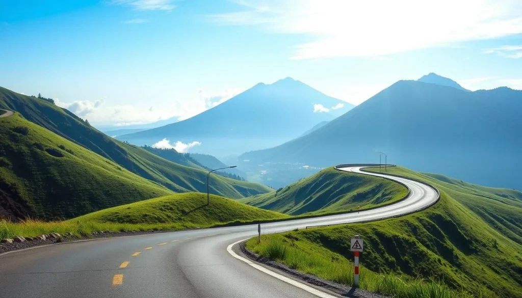 Road leading to Bromo Tengger Semeru National Park with mountains in the background