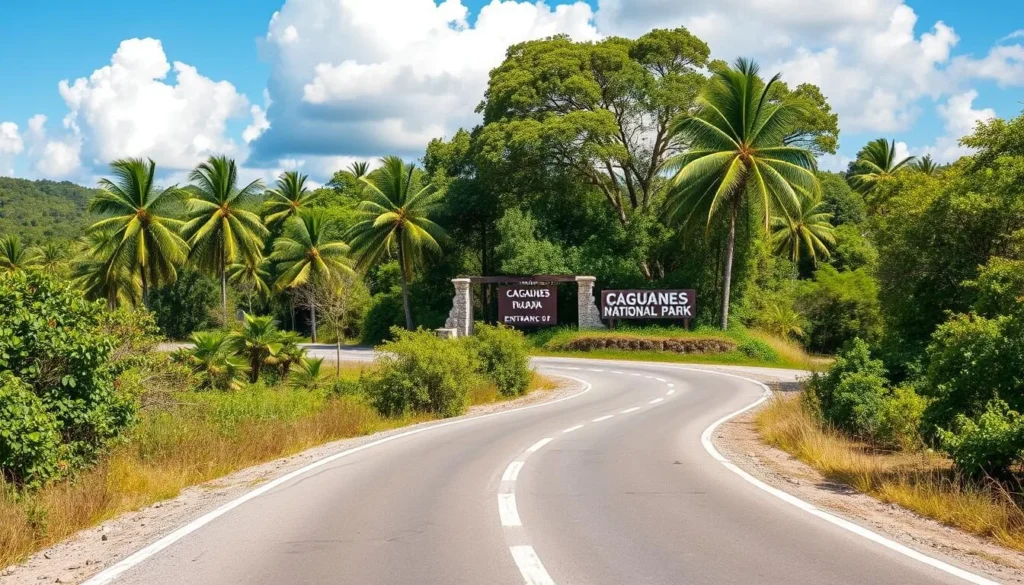 Road leading to Caguanes National Park entrance with tropical vegetation on both sides