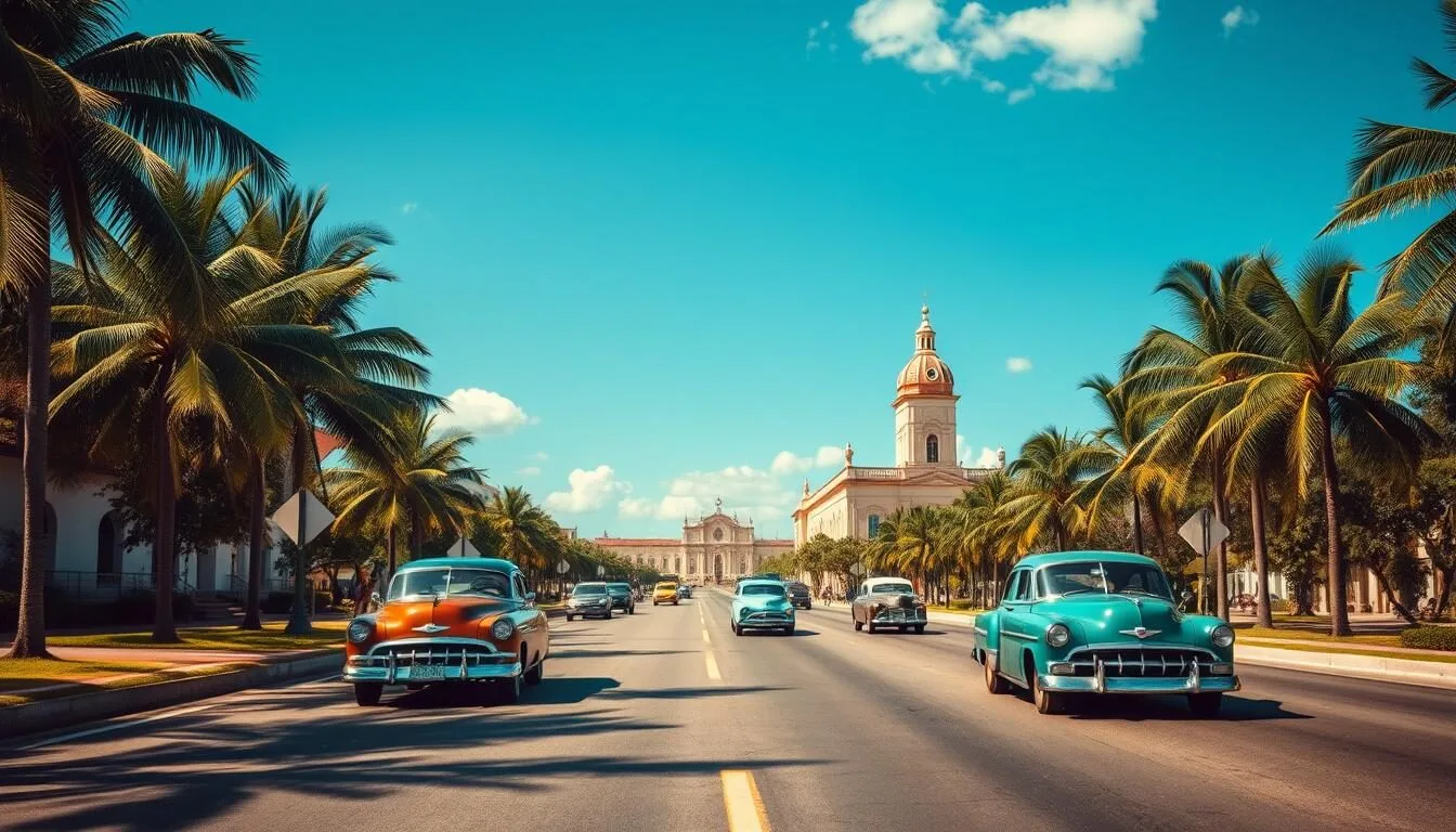 Road leading to Cardenas, Cuba with classic cars and colonial buildings in the distance