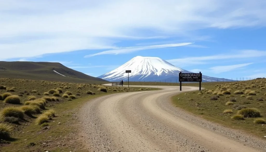 Road leading to Chimborazo National Park entrance with the volcano visible in the background Road leading to Chimborazo National Park entrance with the volcano visible in the background