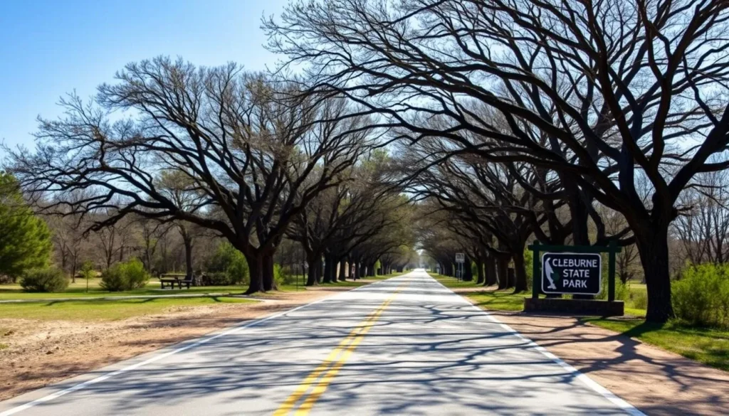 Road leading to Cleburne State Park entrance with welcome sign and trees lining the road