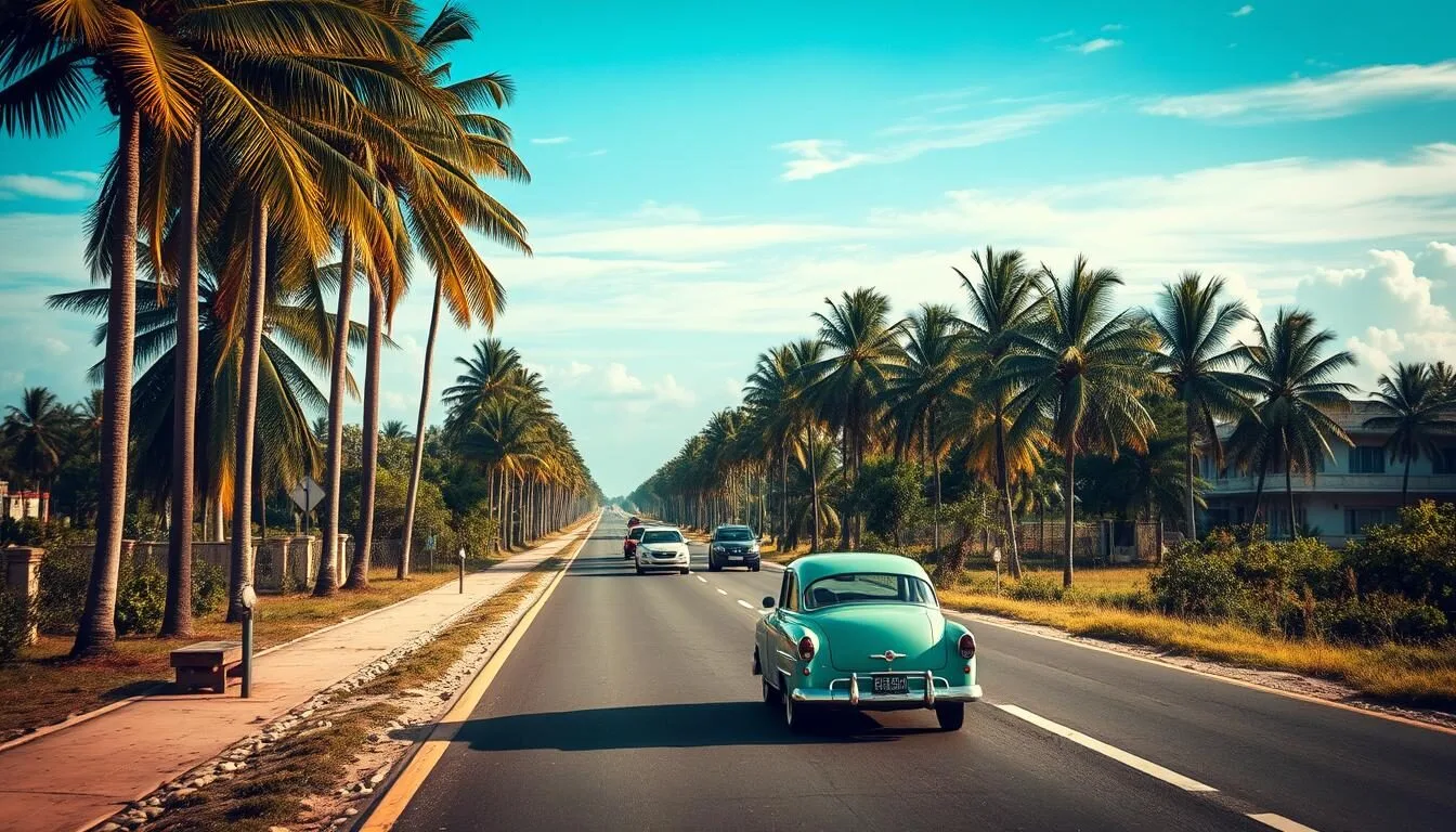 Road leading to Consolacion del Sur with palm trees and classic cars