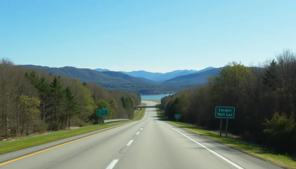 Road leading to Cordell Hull Lake, Tennessee with directional signage
