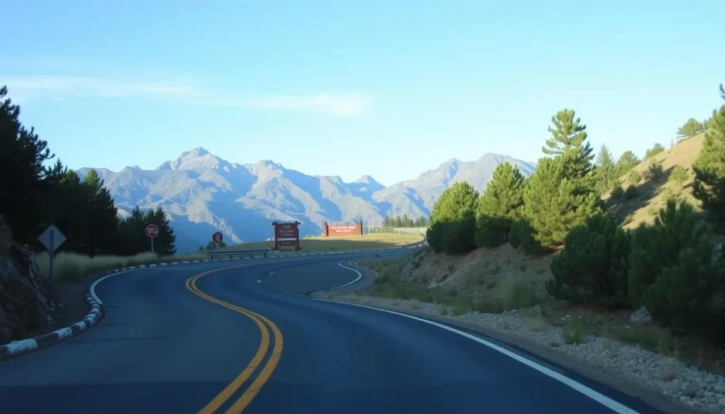 Road leading to Cumbres de Majalca National Park entrance with mountain backdrop Road leading to Cumbres de Majalca National Park entrance with mountain backdrop