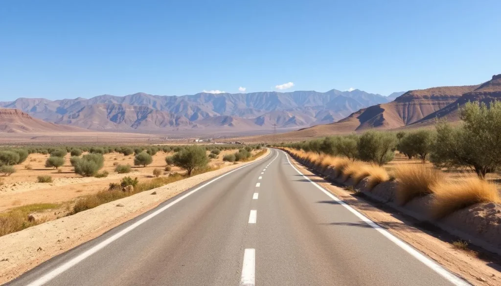 Road leading to El Kelaa des Sraghna with scenic landscape views, Morocco