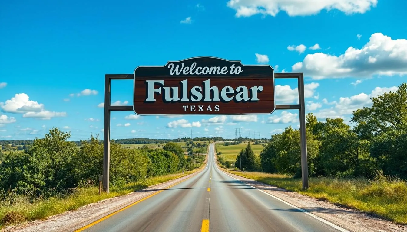 Road-leading-to-Fulshear-Texas-with-welcome-sign-and-green-landscape Road leading to Fulshear Texas with welcome sign and green landscape