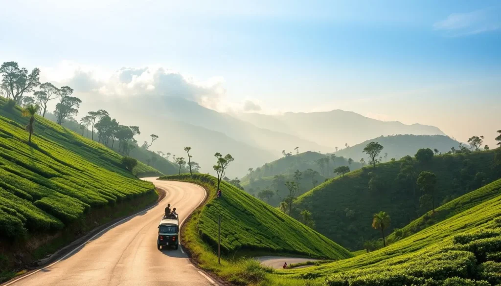 Road leading to Hantana Mountain Range with tea plantations on both sides and mountains in the background