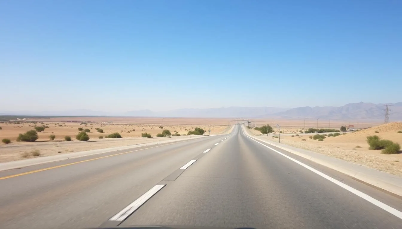 Road leading to Homs with mountains in the background and a clear blue sky