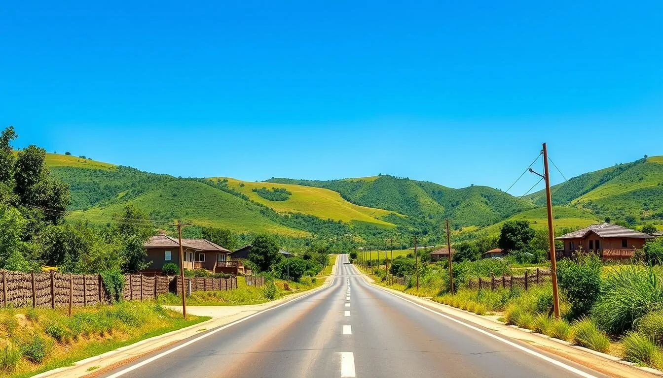 Road leading to Imerintsiatosika with traditional Malagasy houses and green hills in the background