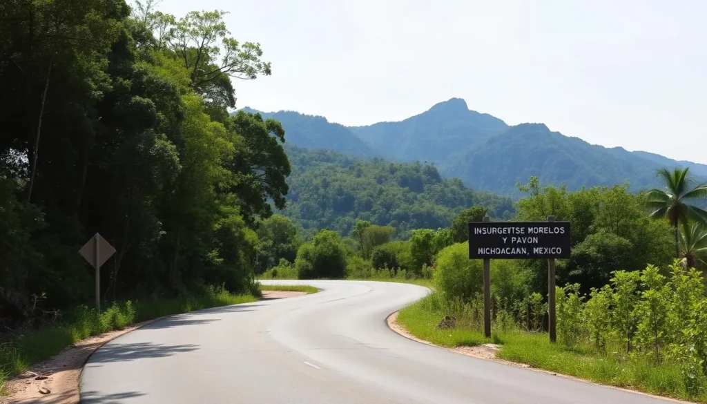 Road leading to Insurgente Jose Maria Morelos y Pavon National Park entrance with signage Road leading to Insurgente Jose Maria Morelos y Pavon National Park entrance with signage