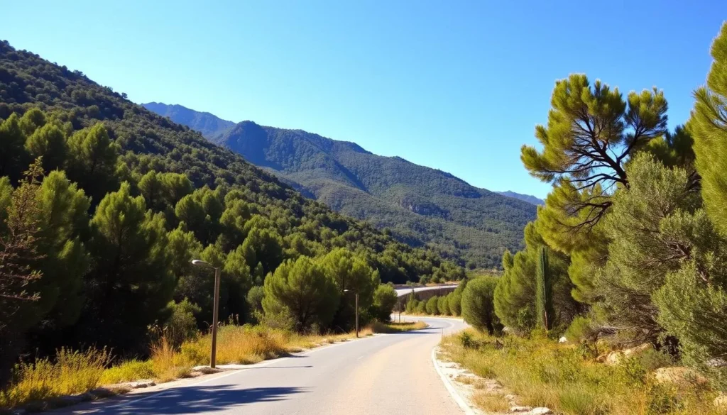 Road leading to Jebel Chitana-Cap Negro National Park entrance with signage and forested mountains in the background