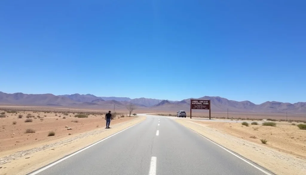 Road leading to Jebel Orbata National Park entrance with signage and mountains in background