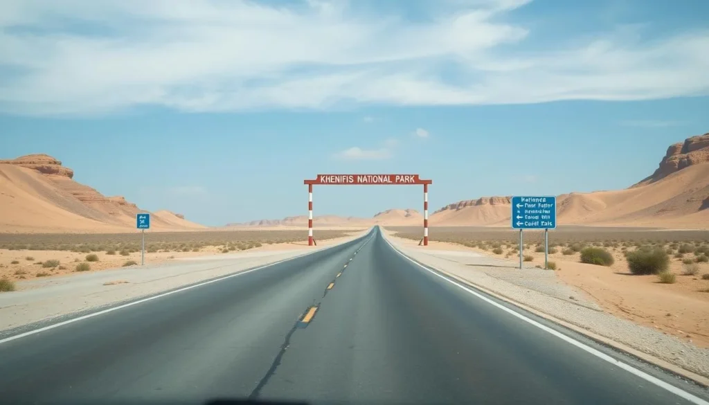 Road leading to Khenifiss National Park with desert landscape on both sides and signage