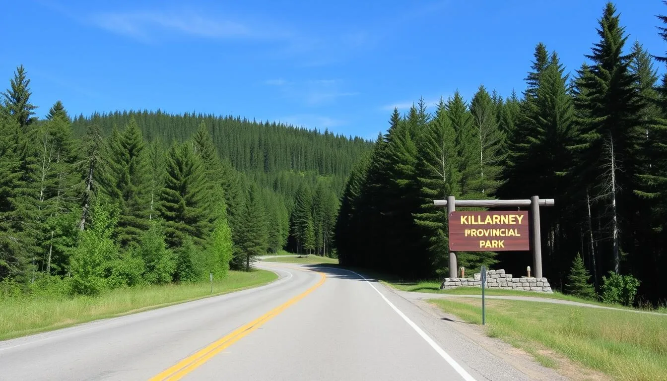 Road leading to Killarney Provincial Park entrance with forested surroundings and welcome sign