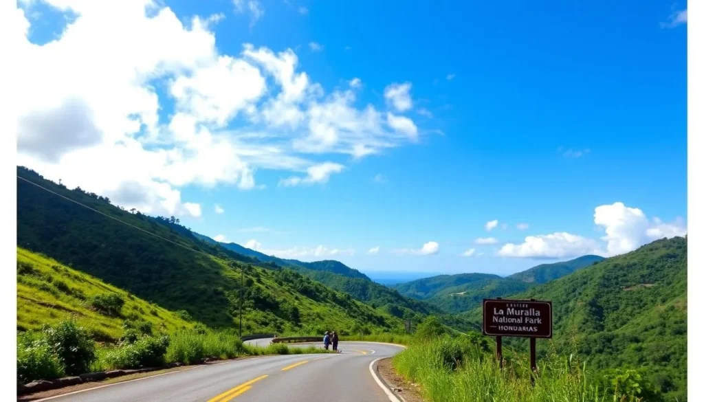 Road leading to La Muralla National Park entrance with mountain views