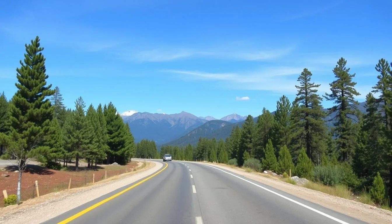 Road leading to Lagunas de Zempoala National Park with mountains in background