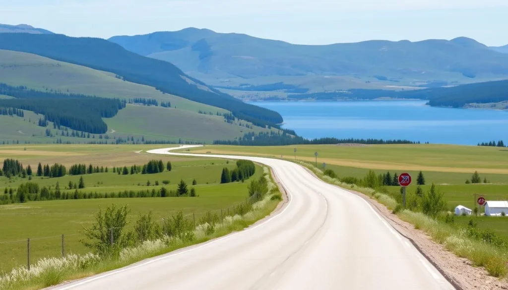 Road leading to Lake Dzhankho with surrounding countryside and mountains in the distance Road leading to Lake Dzhankho with surrounding countryside and mountains in the distance