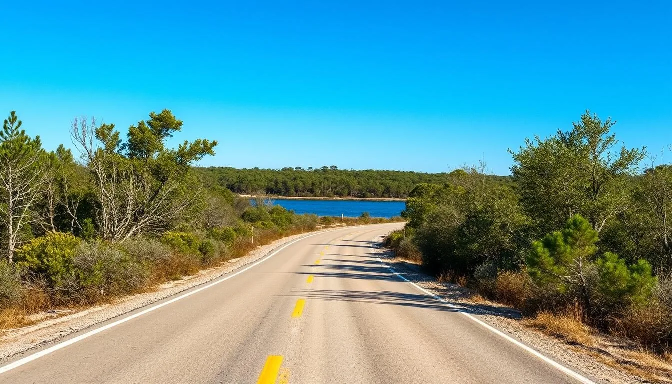 Road leading to Lake June in Winter Scrub State Park entrance with natural scrub vegetation on both sides