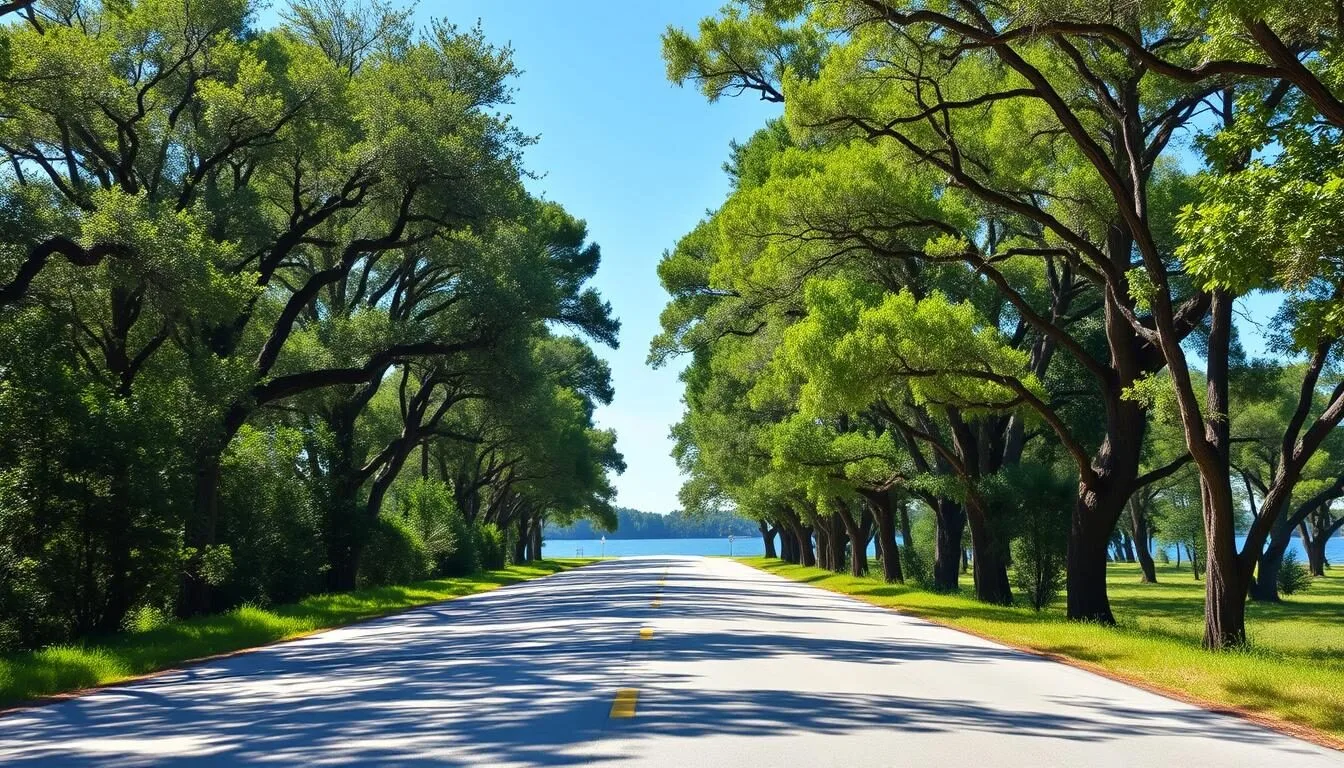 Road-leading-to-Lake-Manatee-State-Park-entrance-with-lush-green-trees-on-both-sides Road leading to Lake Manatee State Park entrance with lush green trees on both sides