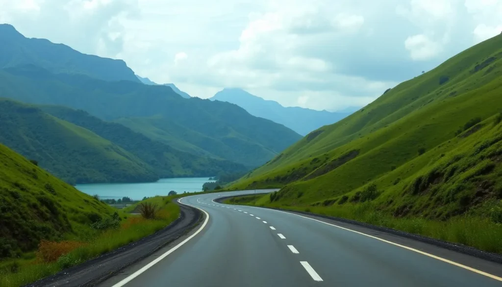 Road leading to Lake Singkarak with directional signs and scenic mountain views Road leading to Lake Singkarak with directional signs and scenic mountain views
