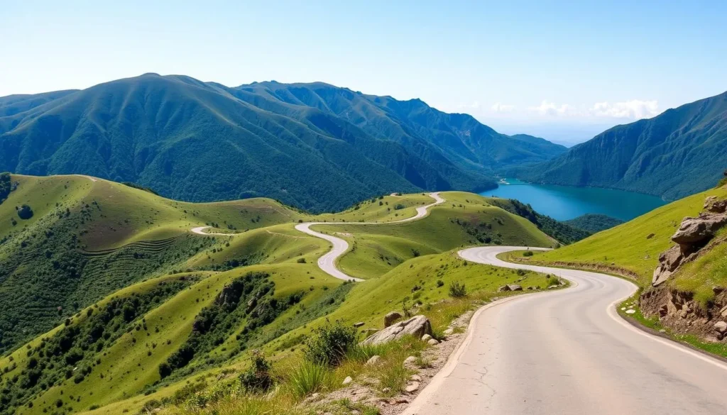 Road leading to Lake Telaga Warna with mountain views in the background