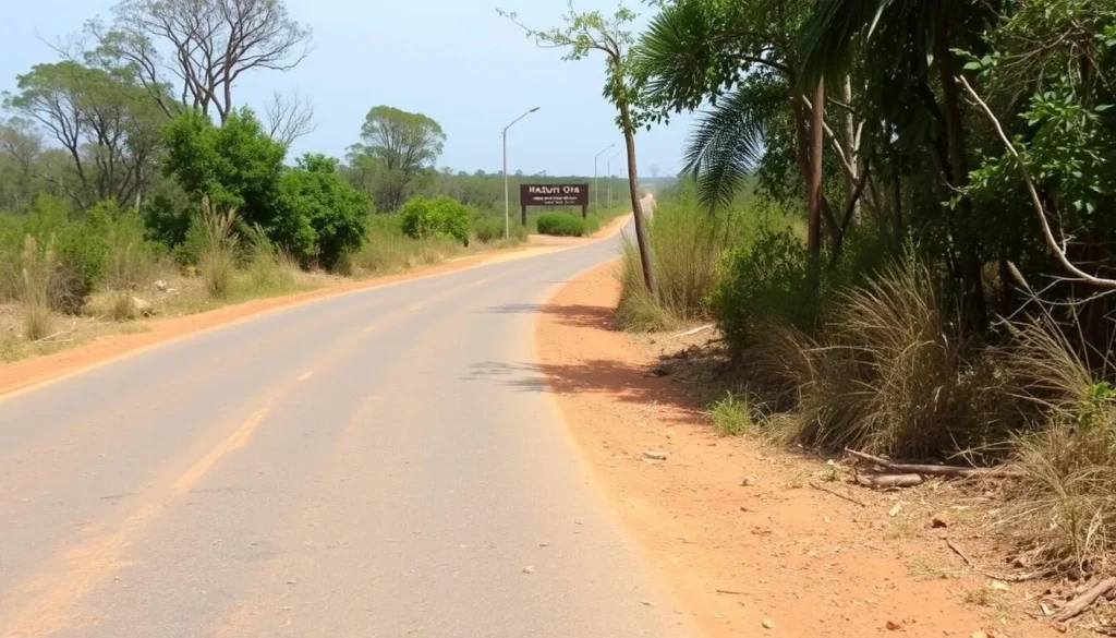 Road leading to Maduru Oya National Park entrance with signage