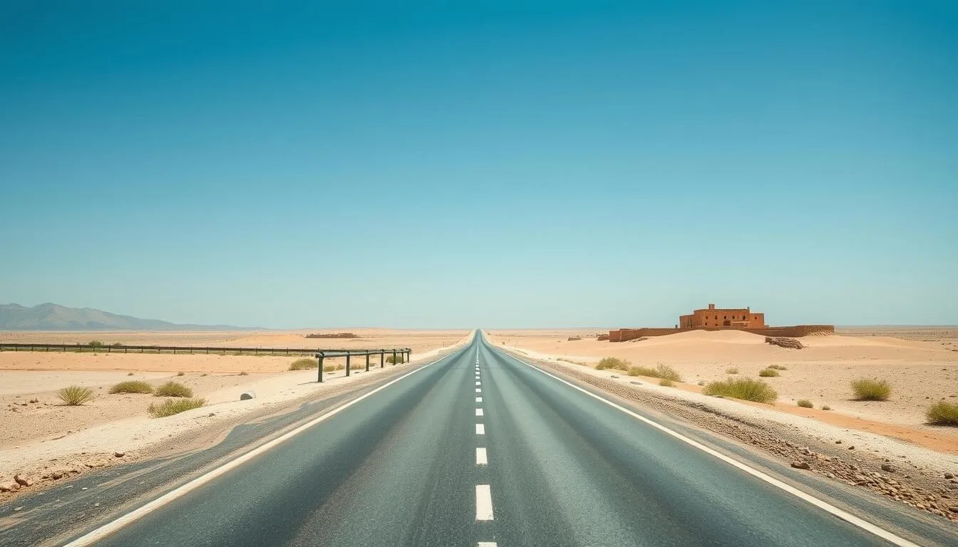 Road leading to Medenine, Tunisia with desert landscape and traditional buildings in the background