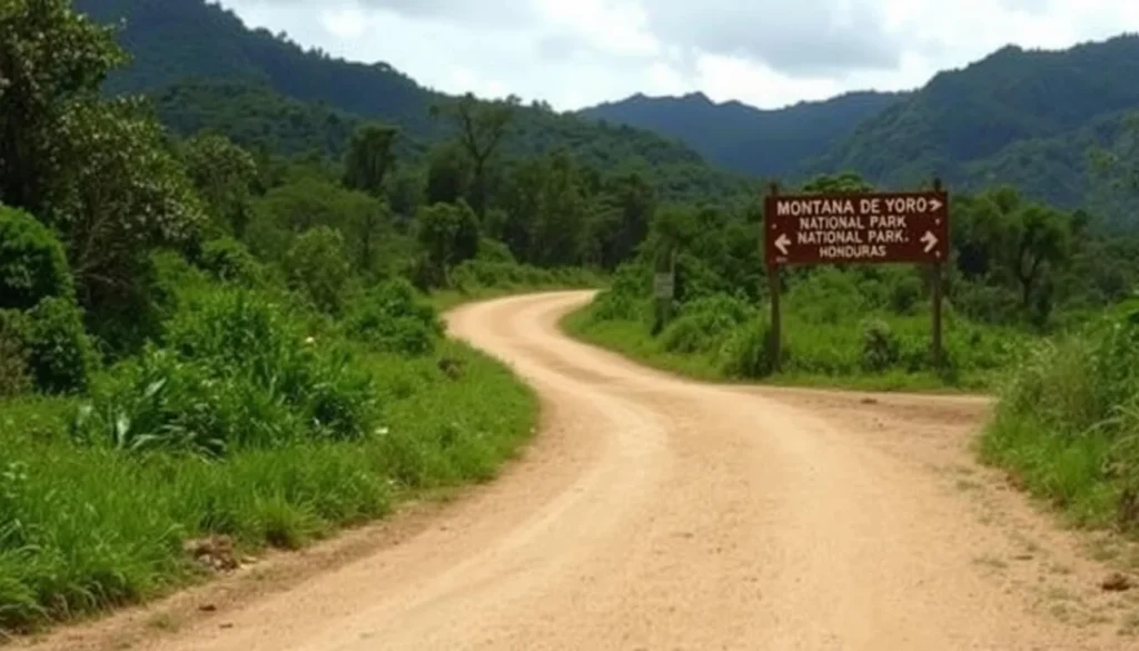 Road leading to Montana de Yoro National Park entrance with directional signage
