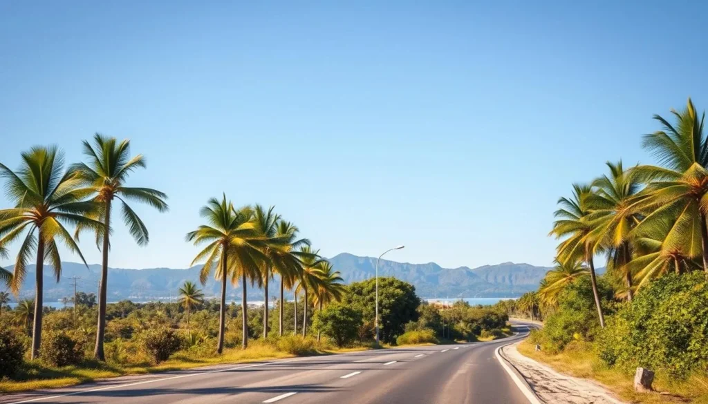 Road leading to Moron, Cuba with palm trees and tropical landscape