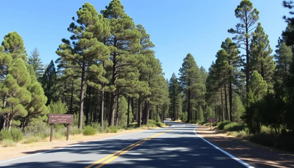 Road leading to Mount Crawford Forest entrance with signage and pine trees on a sunny day in South Australia