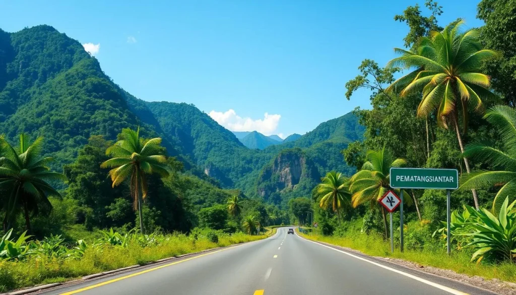 Road leading to Pematangsiantar with mountain scenery