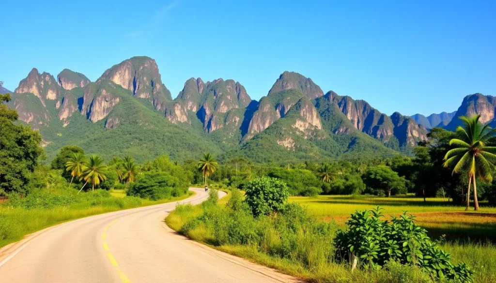 Road leading to Phou Hin Poun National Protected Area with limestone mountains in the background