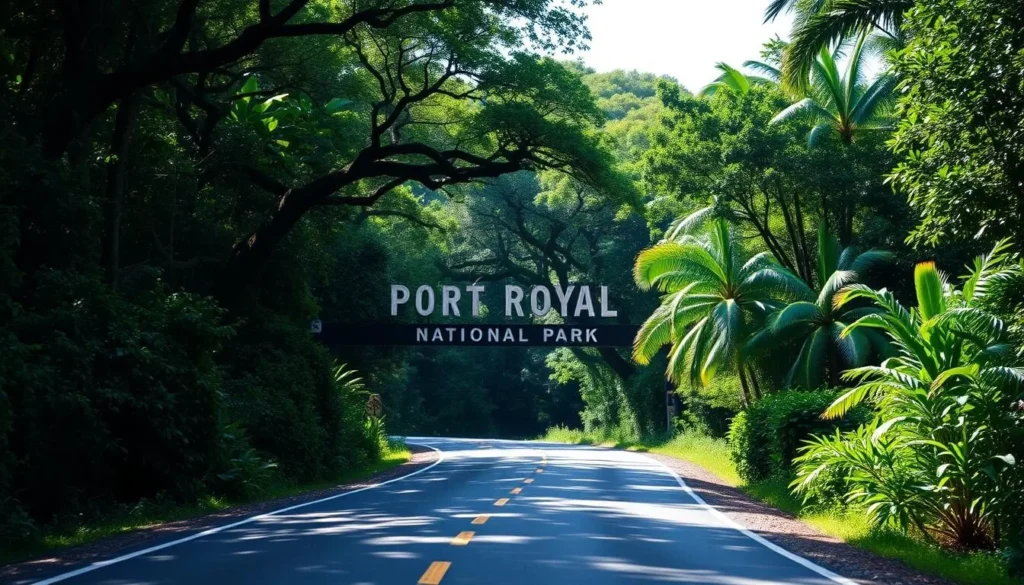 Road leading to Port Royal National Park through lush tropical vegetation with directional signage