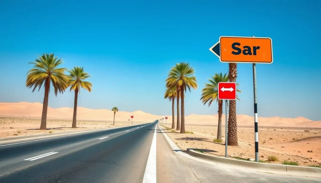 Road leading to Saar with directional signs and palm trees