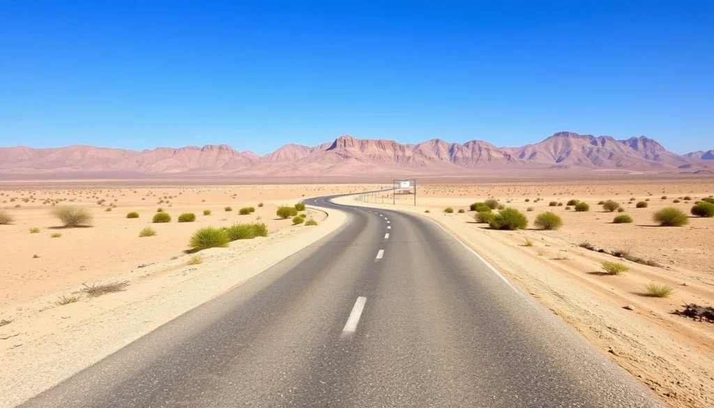 Road leading to Sanghr Jabbess National Park entrance with signage and desert landscape in Tunisia