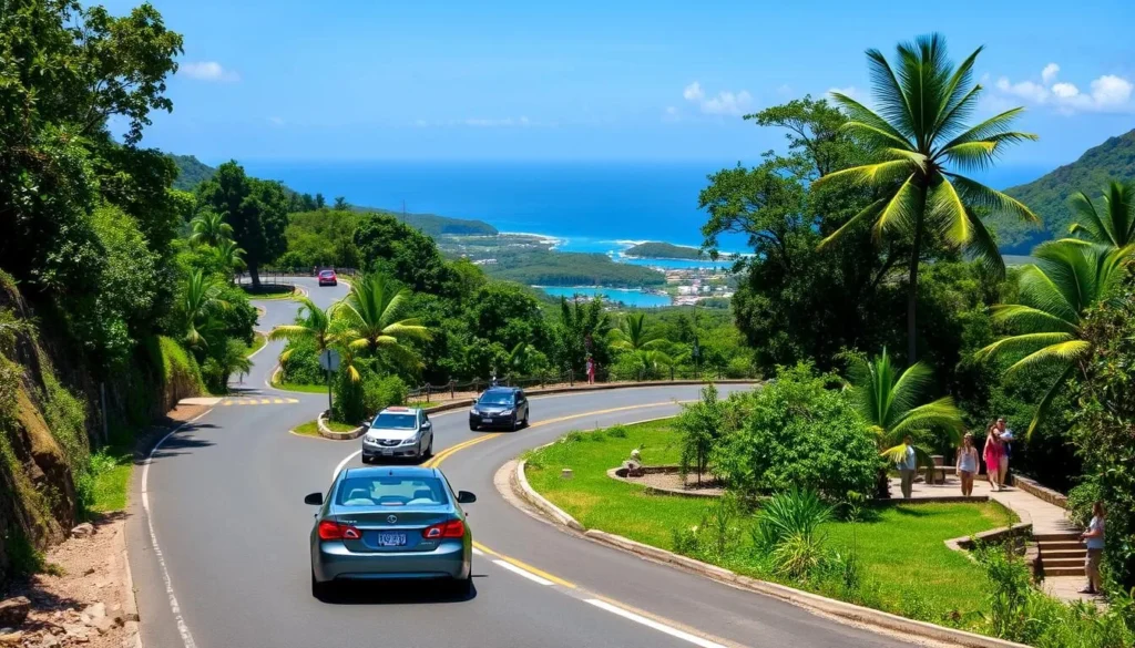 Road leading to Shirley Heights Lookout with tourists arriving by rental car, Antigua Road leading to Shirley Heights Lookout with tourists arriving by rental car, Antigua